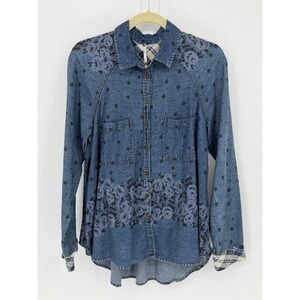 Free People "Dottie Over You" Shirt MED Chambray Floral Button Front Tunic Top